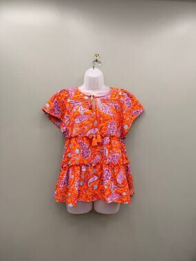 Easel Orange Paisley Floral Tiered Ruffle Blouse Small Boho Festival Top